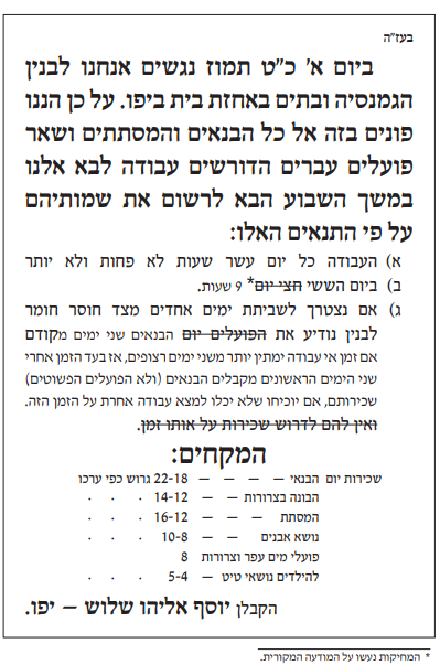 מטרות הפעילות הציונית — מודעת 'דרושים' לגיוס עובדי בניין, יפו 1909 — מקור חזותי 1 מתוך 2, שאלת בגרות ציונות